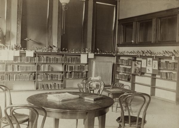 Interior view of the Janesville Public Library. The library opened in 1903 and was funded by Andrew Carnegie at $30,000 and Eldred at $10,000. The reverse of the cardboard backing reads: "Arbor Day Exhibit, Janesville Public Library, Children's Room, I Perching birds." and "Carnegie Building, 1903, $30,000; J. T. W. Jennings, Madison, Architects." In the foreground is a round reading table with bentwood chairs, and a children's reading table. Bookshelves line the walls, and there is a large display of stuffed birds on top of them.