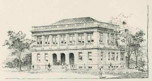 Copy of an artist's rendition of an exterior view of the Elisha D. Smith Library. Pen and ink drawing is signed: "G.J. de Gelleke, 1899." Bottom of drawing reads: "Elisha D. Smith Library, Menasha, Wisconsin. Van Ryn & de Gelleke, Architects, Milwaukee, Wisconsin." Reverse of image reads: "1898, cost $20,000." The image shows the front facade, arches at top of entrance steps, and pedestrians.
