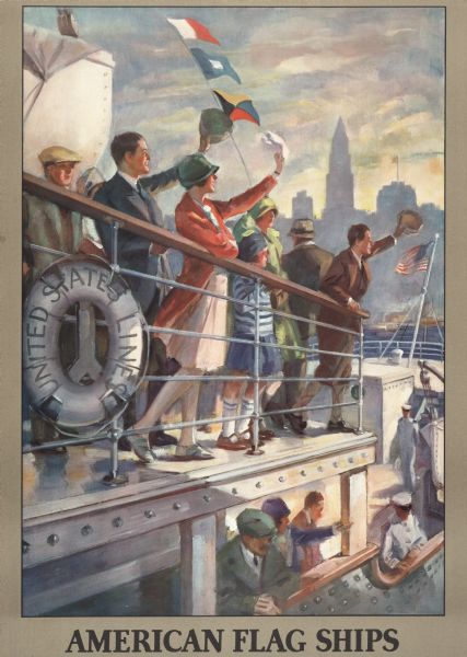 An original lithograph depicting a scene aboard a United States Lines passenger ship, featuring what appears to be the New York City skyline in the background.