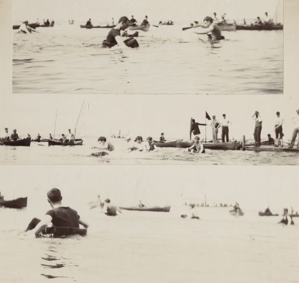 Several views of the University of Wisconsin-Madison tub race. Several men race in wooden tubs while others watch from boats or a dock.