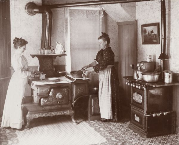 Interior of the kitchen at 12 North Broom Street, the residence of James and Mary Ellen Nevin, showing Mrs. Nevin and her sister cooking.
James Nevin was the Wis. Superintendent of Fisheries and the Nevin Fish Hatchery is named for him.