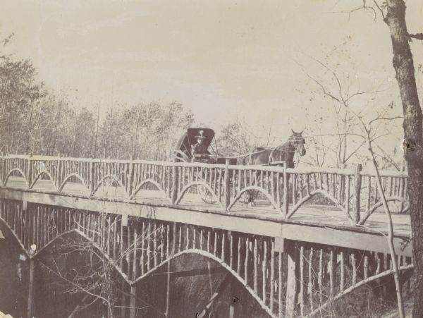 Horse-Drawn Carriage on Bridge A woman drives a horse-drawn carriage over a rustic, wooden bridge.