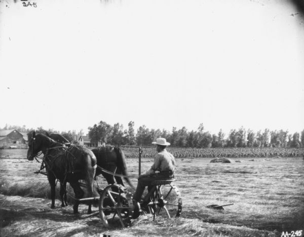 Man Using Horse-Drawn Mower in Field Three-quarter rear view from left of a man using a team of horses to pull a mower in a field. In the background is a farmhouse and farm buildings.