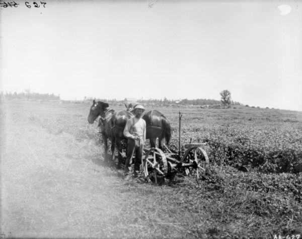 Man Posing with Oil Can near Horse-Drawn Mower View of a man standing in a field near a mower drawn by a team of two horses. He is holding an oil can. A split-rail fence and farm buildings are in the far background.