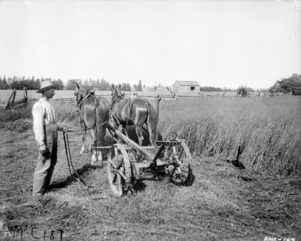 Man with Horse-Drawn Mower A man is standing in a field holding the reins of two horses pulling a mower. There are farm buildings and a windmill in the background.