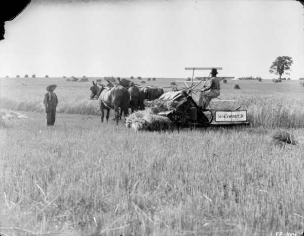 Man Using Horse-Drawn McCormick Reaper View across harvested field towards a man using a horse-drawn McCormick reaper. Another man is standing near the reaper on the left. Stacks of grain dot the field in the background.