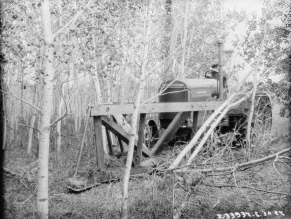 Titan 15-30 Tractor with Frame for Tree Clearing View through trees towards a man driving a Titan 15-30 McCormick-Deering tractor for knocking down trees with a wood frame attached to the front.