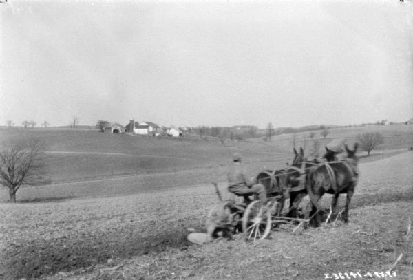 Horse-Drawn Plow View across field towards a man driving a team of three horses to pull a plow.