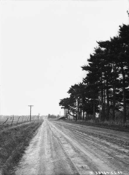 View Down Country Road View down country road. There is a fence along a field on the left, and on the right are trees and farm buildings.