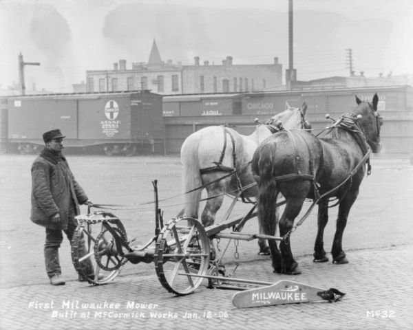 Man with Horse-Drawn Mower Text on photograph reads: "First Milwaukee Mower Built at McC Works Jan. 12, 1906."