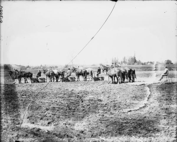 Horse-Drawn Disk Harrows Three men are driving horse-drawn Disk Harrows in a field. Another man on the right is driving a horse-drawn peg tooth harrow.
