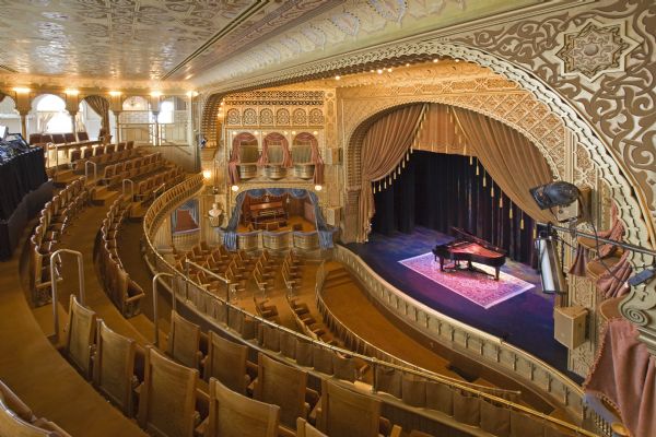 Interior view of Mabel Tainter Memorial Theater from balcony with view of stage and organ.