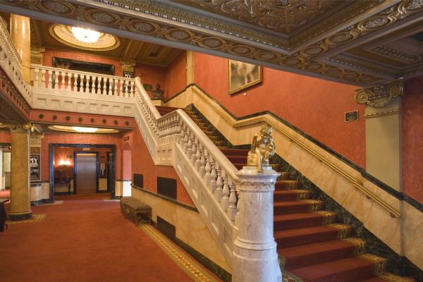 Stairway from lobby to lower balcony of Pabst Theater.
