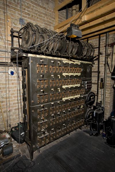 Close-up of original lighting dimmer board backstage at the Al. Ringling Theatre.