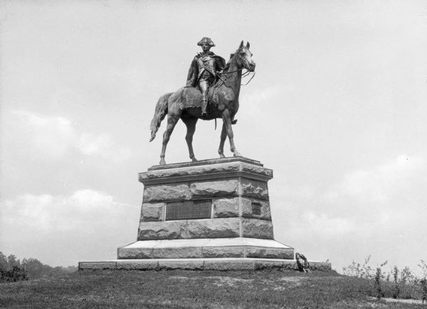 Statue of General Anthony Wayne an American Revolution General, astride a horse. Dedicated on June 20, 1908 the Henry K. Bush-Brown bronze surmounts a gentle rise in a field.