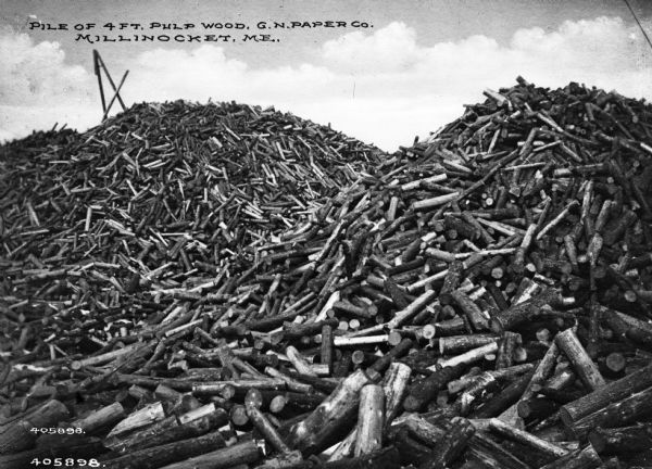 Huge piles of four foot sticks of pulp wood at the Great Northern Paper Company, which was incorporated in 1898 and soon became one of the largest American suppliers of newsprint, mainly on the East Coast. Caption reads: "Pile of 4 Ft. Pulp Wood, G. N. Paper Co. Millinocket, ME."