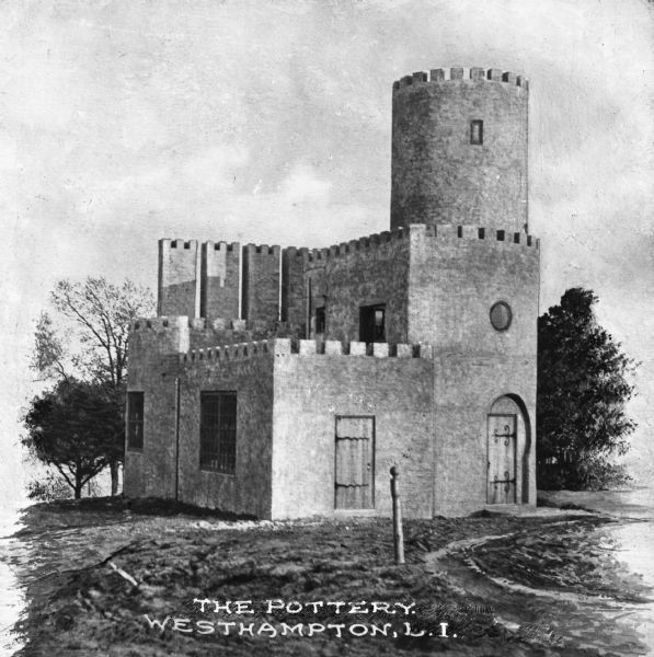 The Pottery, an unusual castellated structure, was once the pottery studio of the artist, Theophilus Anthony Brouwer (1864 - 1932). Caption reads: "The Pottery. Westhampton, L.I."