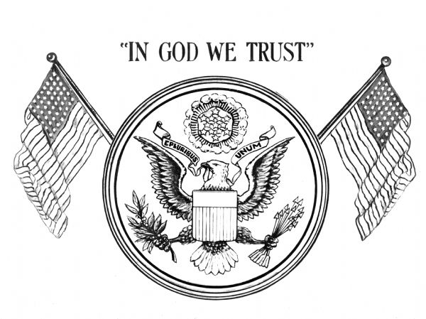 United States Ensign and Motto The United States ensign and motto, "In God We Trust," above an eagle holding an olive branch and arrows. Two flags frame the figure, and a scroll reads, "E PLURIBUS UNUM."