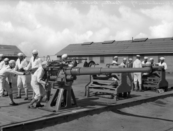 A view of two groups of sailors during artillery practice at the United States Navy Camp Wissahickon.
