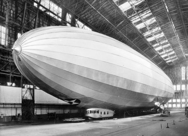 A view of the airship, "Los Angeles," in Hangar No. One, at the Naval Air Station.  The hangar was erected in 1920, and the airship was completed in 1924.
