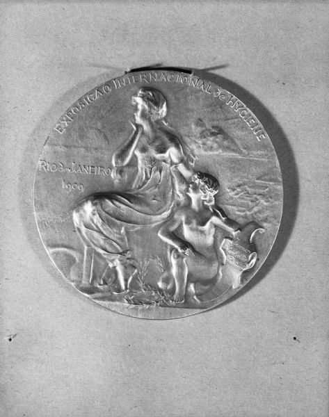 View of a medal from Rio de Janeiro, Brazil's Exposicao Internacional de Hygiene of 1909. The medal depicts a seated woman and a boy kneeling beside her.