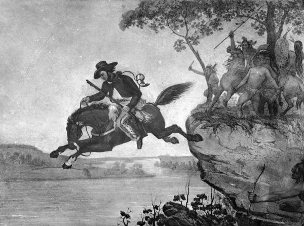 Major Samuel McColloch's Leap View of a painting entitled, "Major Samuel McCulloch's Leap." The painting depicts Major Samuel McCulloch's escape from the Indians near Wheeling, West Virginia in 1777. McCulloch, on horseback, leaps into the water from a cliff on which Native Americans stand.