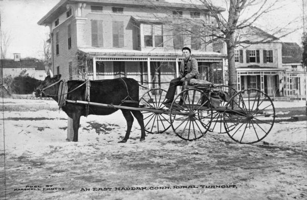 Wagon in Rural Turnout View of a steer pulling a wagon, on which a boy is seated. Published by Marshall Emmons.