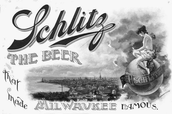 Cover art featuring Milwaukee from promotional booklet of views of the Schlitz Brewery.