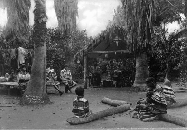A view of Seminole Native Americans seated around camp. The camp consists of a roofed hut, tables, and logs for the Native Americans to sit on.