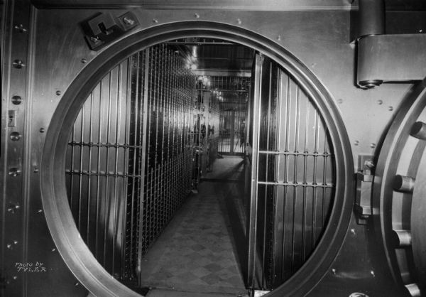 A view of the cash and safety deposit vaults in the First National Bank.