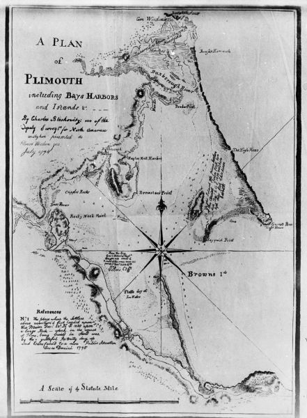 Hand-drawn map of the area at the time of Pilgrim landing, drawn by Charles Blaskowikz. Includes commemorative historical notes.