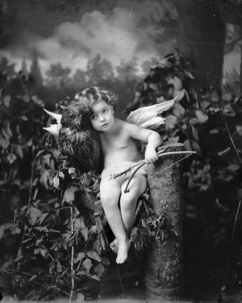 A studio portrait of a child as Cupid wearing wings and holding a bow and arrow, posed leaning against an owl and sitting on a tree stump.