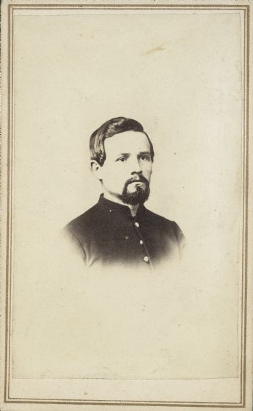 Vignetted carte-de-visite portrait of Frederick Uebele, 9th Wisconsin Light Artillery.