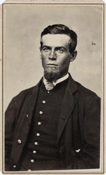 Waist-up carte-de-visite portrait of Lieutenant David C. Feeland, Company D, 4th Wisconsin Cavalry.