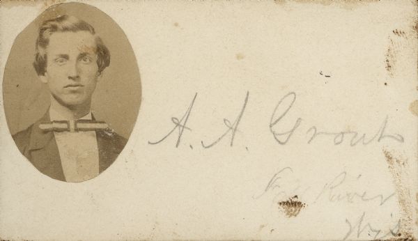 Photographic calling card of 1st Sergeant Ambrose A. Grout (Fall River, WI), Company B, 11th Wisconsin Infantry.