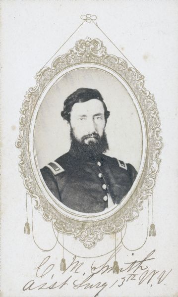 Quarter-length carte-de-visite portrait of Charles M. Smith, F & S, 13th Wisconsin Infantry.