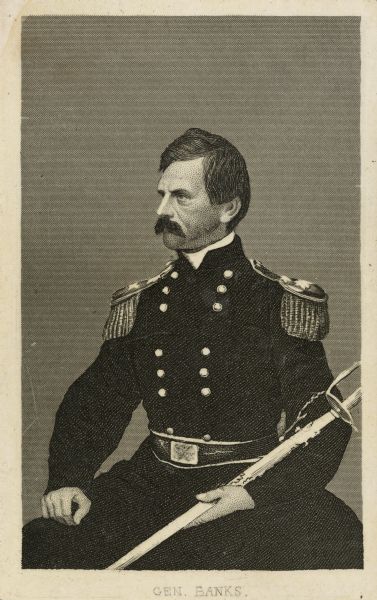 Seated engraved portrait of Major General Nathaniel P. Banks, in a uniform with epaulettes, posed with his sword in his left hand. He was born on January 30, 1816 in Waltham, Massachusetts. Prior to the Civil War he served in both the Massachusetts and the U.S. House of Representatives, as well as becoming the Governor of Massachusetts. On May 16, 1861, President Lincoln appointed him one of the first Major Generals of volunteers. By 1865 he was relieved of his field command and was used by Lincoln to lobby for his reconstruction plan.