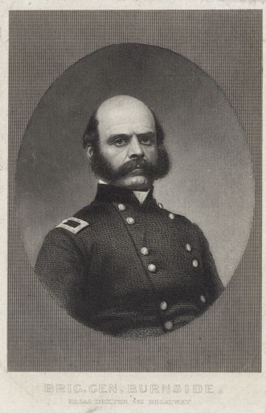 Waist-up engraved portrait of General Ambrose Burnside.