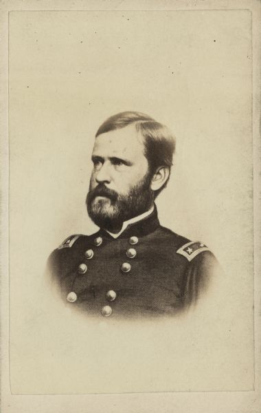 Vignetted carte-de-visite portrait of Major General William B. Franklin, a corps commander of the U.S. Army of the Potomac. He saw action at the Battles of Antietam and Fredericksburg.