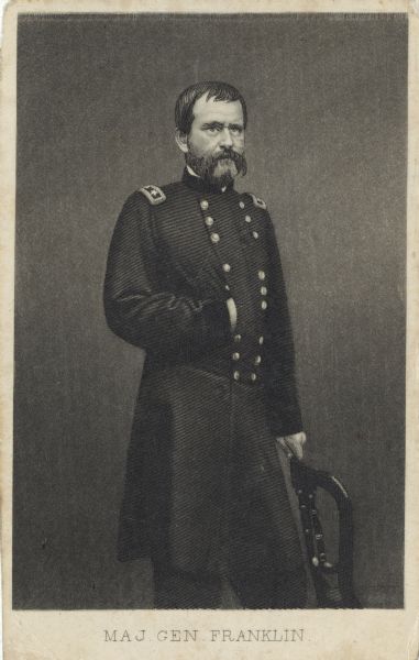 Engraved three-quarter length carte-de-visite portrait of Major General William B. Franklin, a corps commander of the U.S. Army of the Potomac, seeing action at the Battles of Antietam and Fredericksburg.