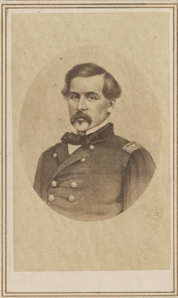Engraved quarter-length carte-de-visite portrait of Brigadier General Thomas Francis Meagher, Commander of the Irish Brigade, which comprised of the 28th Massachusetts, 63rd, 69th, and 88th New York, and 100th and 16th Pennsylvania infantry regiments.