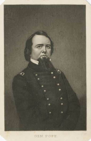 Engraved waist-up carte-de-visite portrait of Brigadier General John Pope. At the start of the Civil War he commanded the troops in northern Missouri. From February to June 1862, he headed the Army of the Mississippi, and during this time he rose to the rank of Major General of volunteers and Brigadier General of the regular army. His success on the Mississippi River resulted in his appointment to command the Army of Virginia. However, this appointment was short-lived because of his defeat at the Second Battle of Manassas. After the battle he was sent to Minnesota to conduct the 1862 offensive against the Dakota.