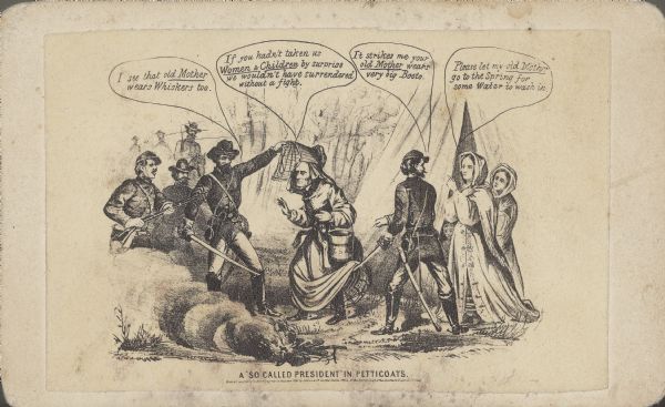 Carte-de-visite cartoon drawing of Jefferson Davis, being captured by Union troops while wearing a dress and escorted by other women. Titled "A So Called President" in Petticoats.