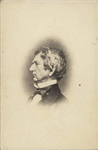 Vignetted carte-de-visite profile portrait of William H. Seward, Secretary of State under the Lincoln Administration.