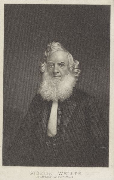 Engraved quarter-length carte-de-visite portrait of Gideon Welles, Secretary of the Navy from 1861-1869.