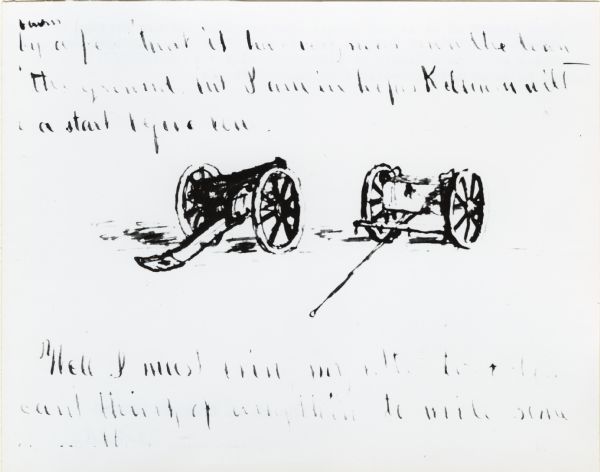 Marginal sketch of two artillery pieces from original letters written by Private Edmund F. Bennett of Newport, Wisconsin, Company E, 12th Wisconsin Volunteers.