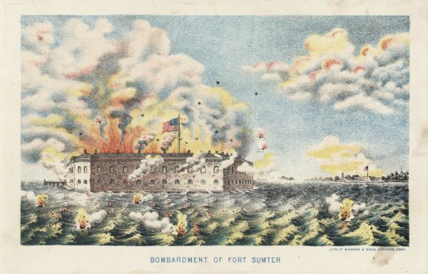 Color lithograph of the fort in the midst of the bombardment, published by Bingham & Dodd, Hartford, Connecticut.  
