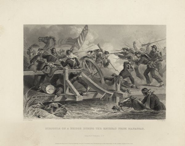 Etching of a battle scene during the retreat from Manassas. Originally published by Virtue & Company Publishers of New York.