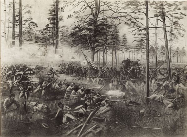 A lithograph titled "Charge of the 15th Wisconsin Regiment at Chickamauga; death of Colonel Heg," showing the death of Hans Christian Heg.