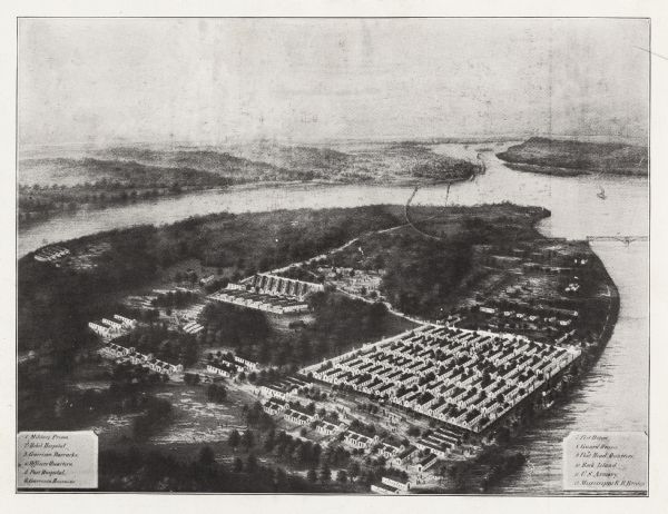 Aerial view, probably from a lithograph, of the prison for Confederate soldiers at Rock Island.